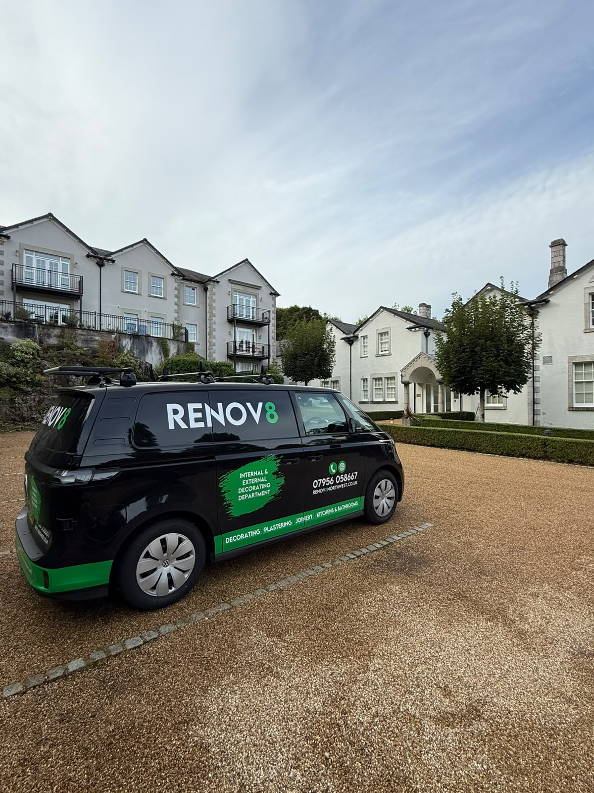 The new RENOV8 Volkswagen ID. Buzz fleet parked at a Cumbria property