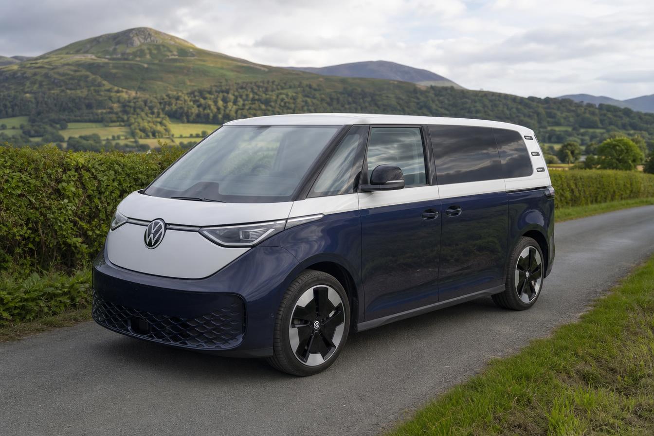 RENOV8's electric VW ID. Buzz fleet on a country lane in Milnthorpe, Cumbria